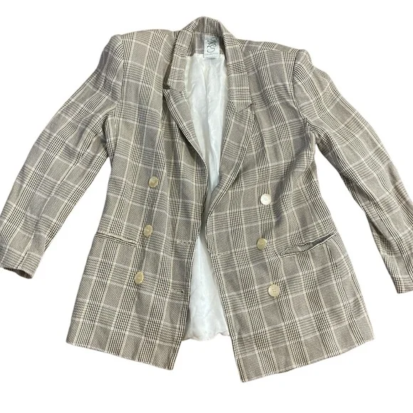 Vintage Plaid Double-Breasted Long Blazer- Sz 10- 100% Rayon-VERY DIANE KEATON!